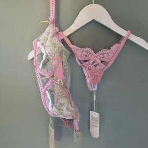 For Love And Lemons Pink Sheer Lace Bra & Thong Set